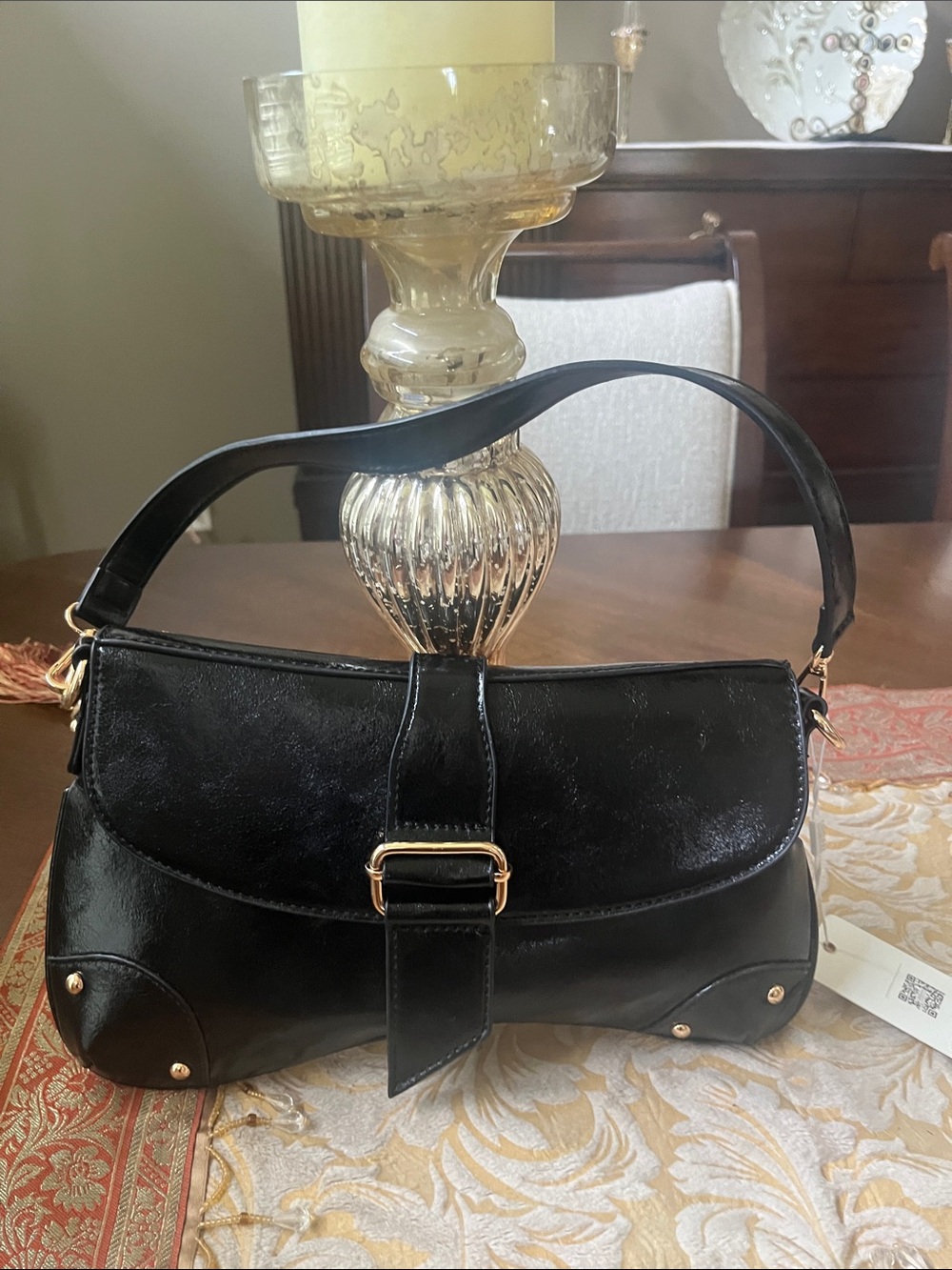 Classic Black Shoulder Bag with Gold Accents